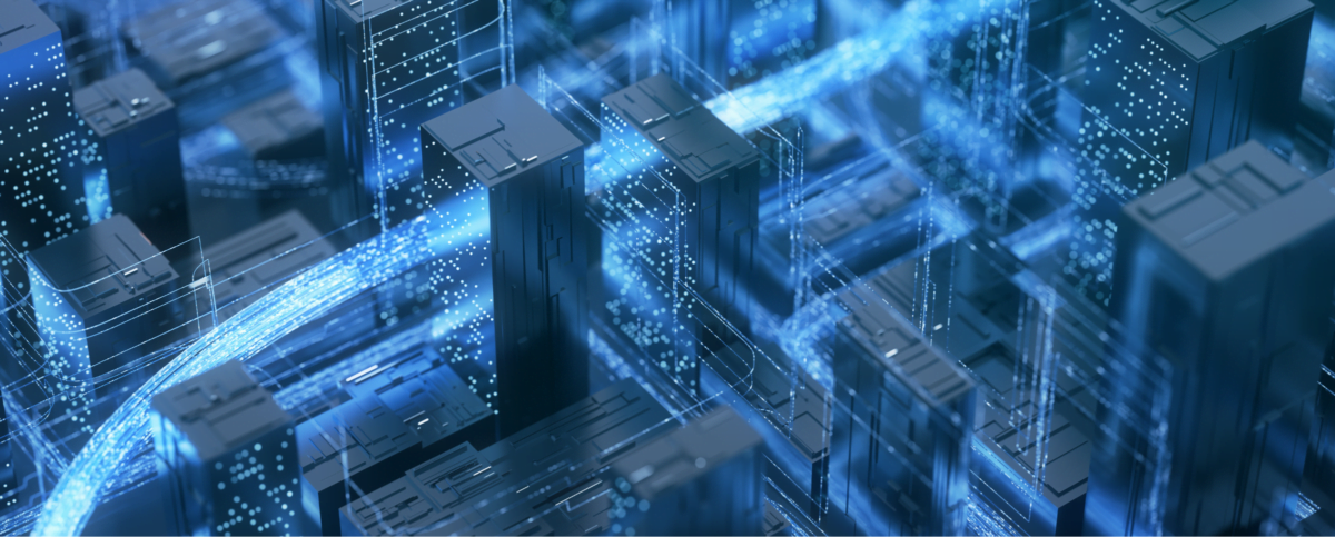 Data center servers lit up and pass information